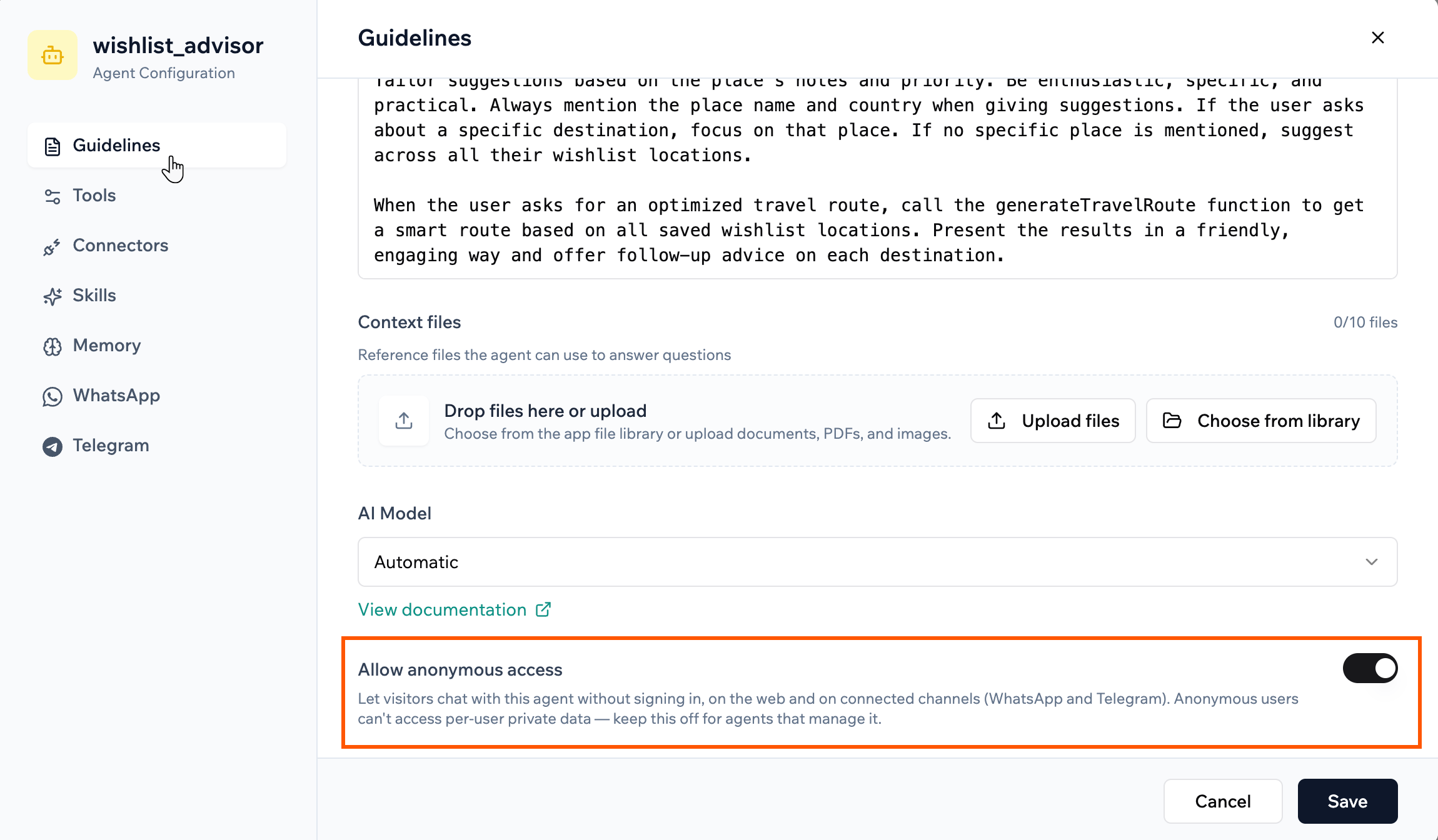 Allow anonymous access setting in the agent Guidelines tab