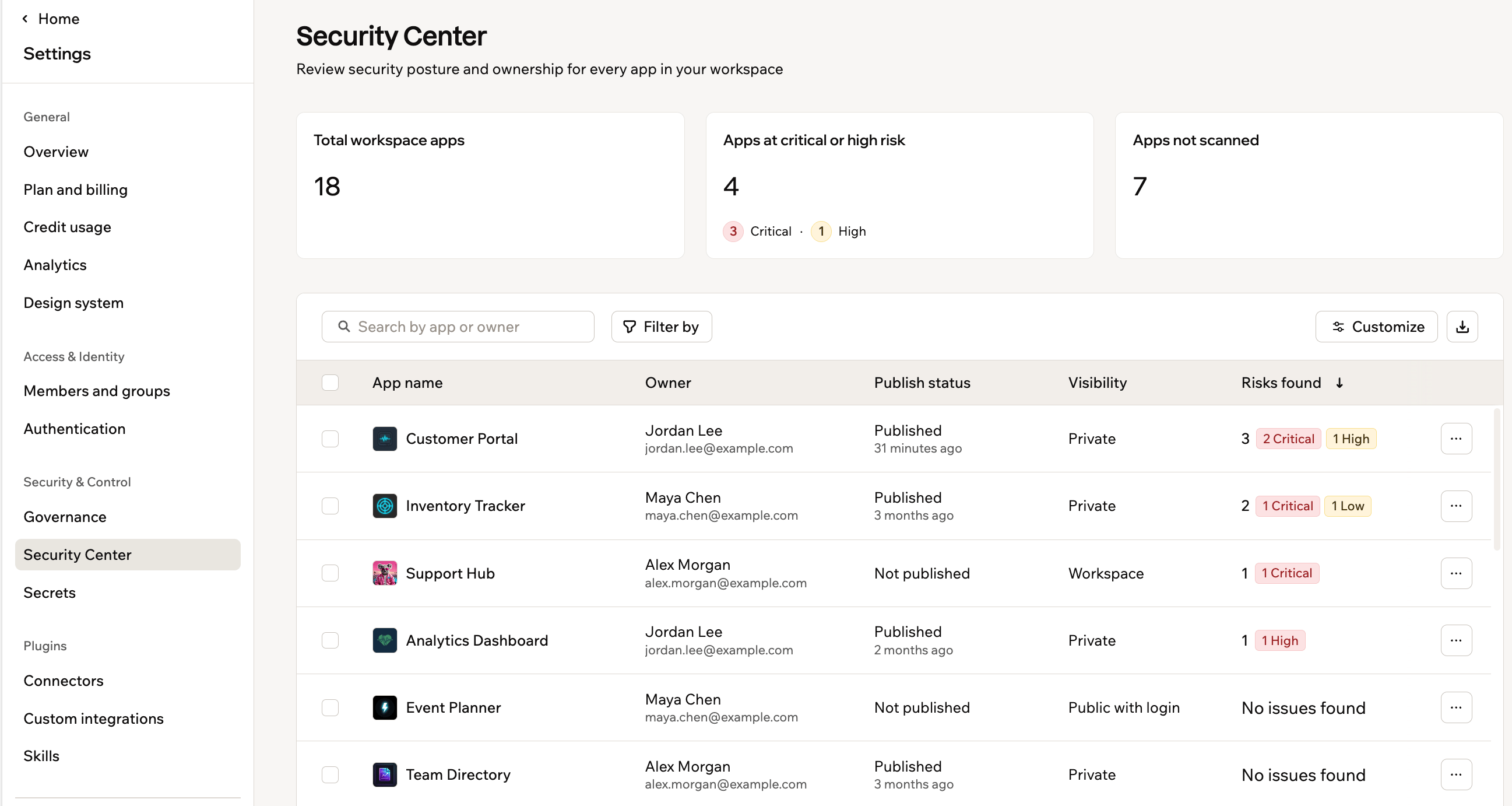 Security Center dashboard showing workspace security summary tiles and the app inventory