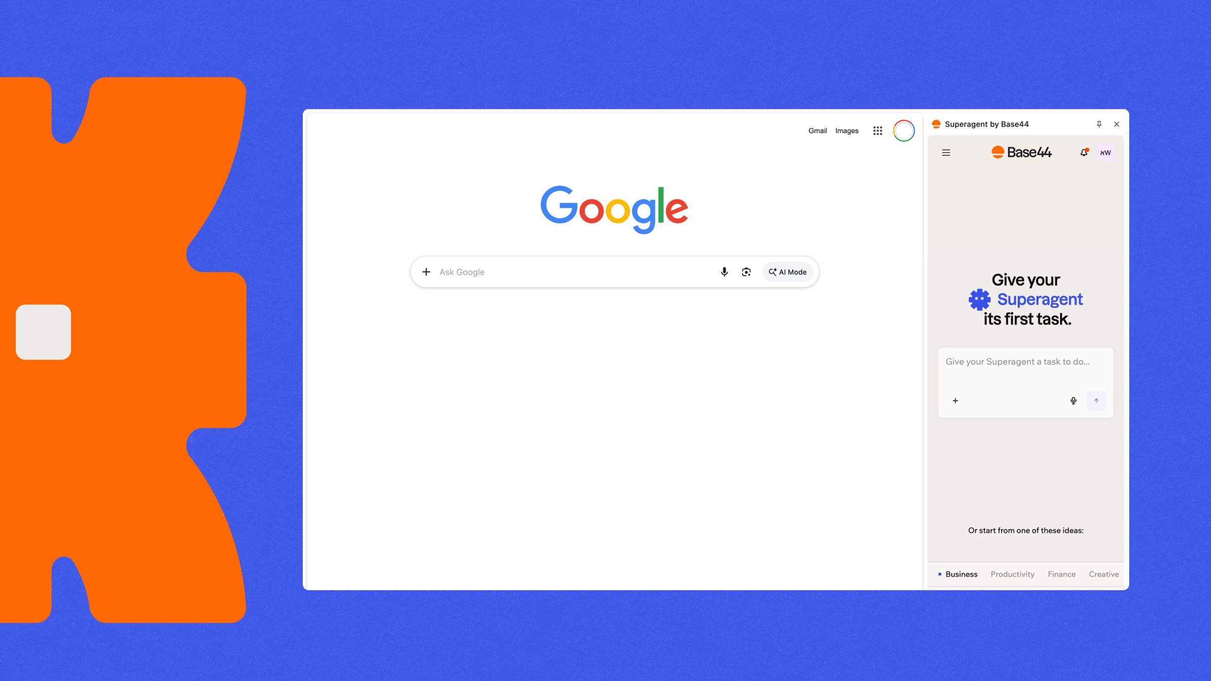 The Base44 Superagent side panel open next to a Chrome browser window.
