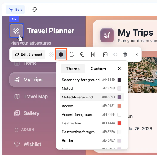 Editthemeonelement Editing the color of an element using the theme colors in Base44