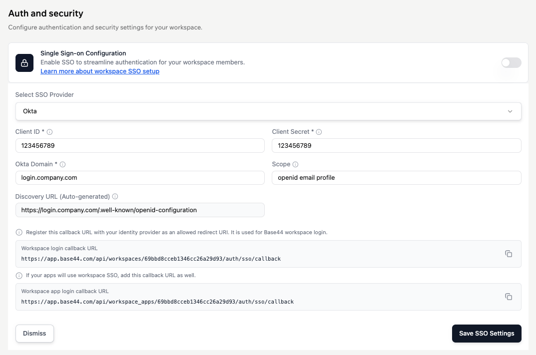 Base44 Auth and security panel configured with Okta as the SSO provider