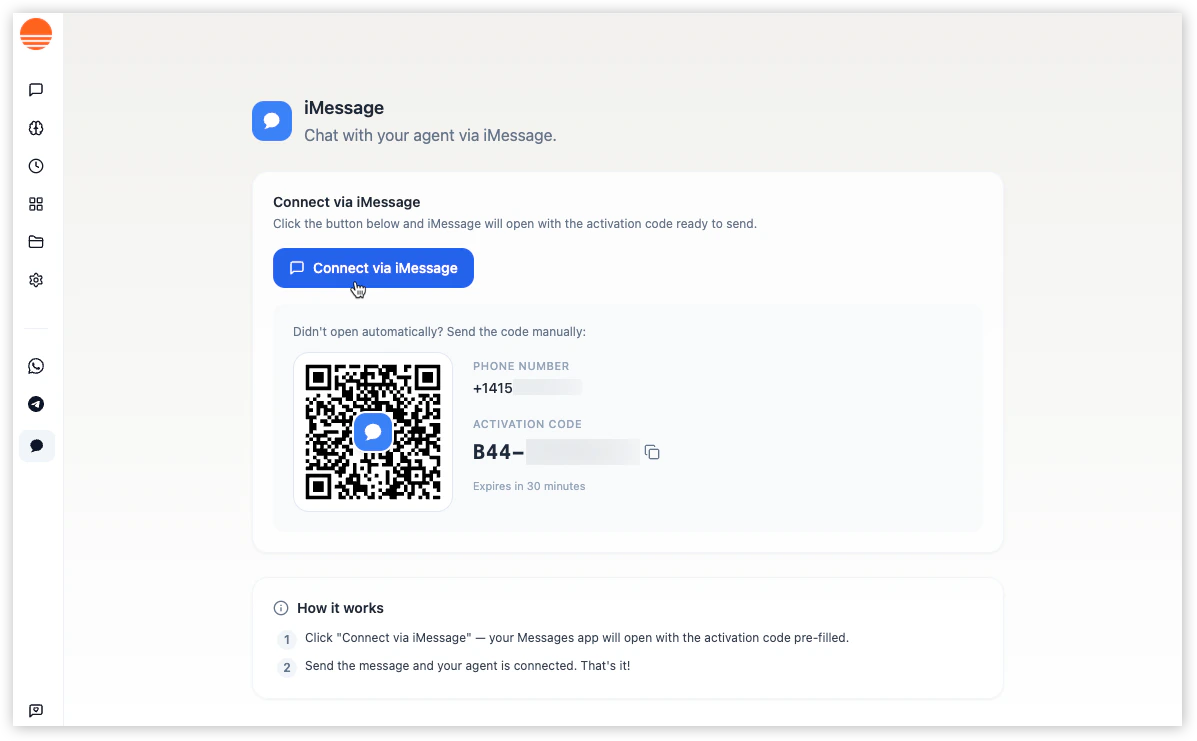 The iMessage connection setup screen with activation code and QR code