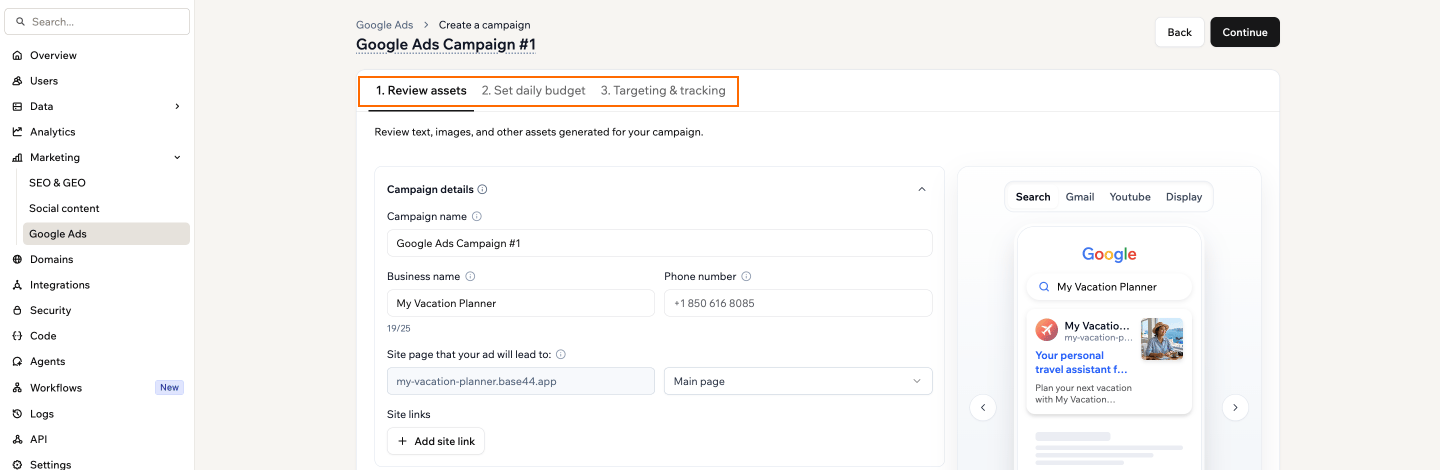 A screenshot of the Review assets step of the Google Ads campaign wizard, with the three step tabs outlined