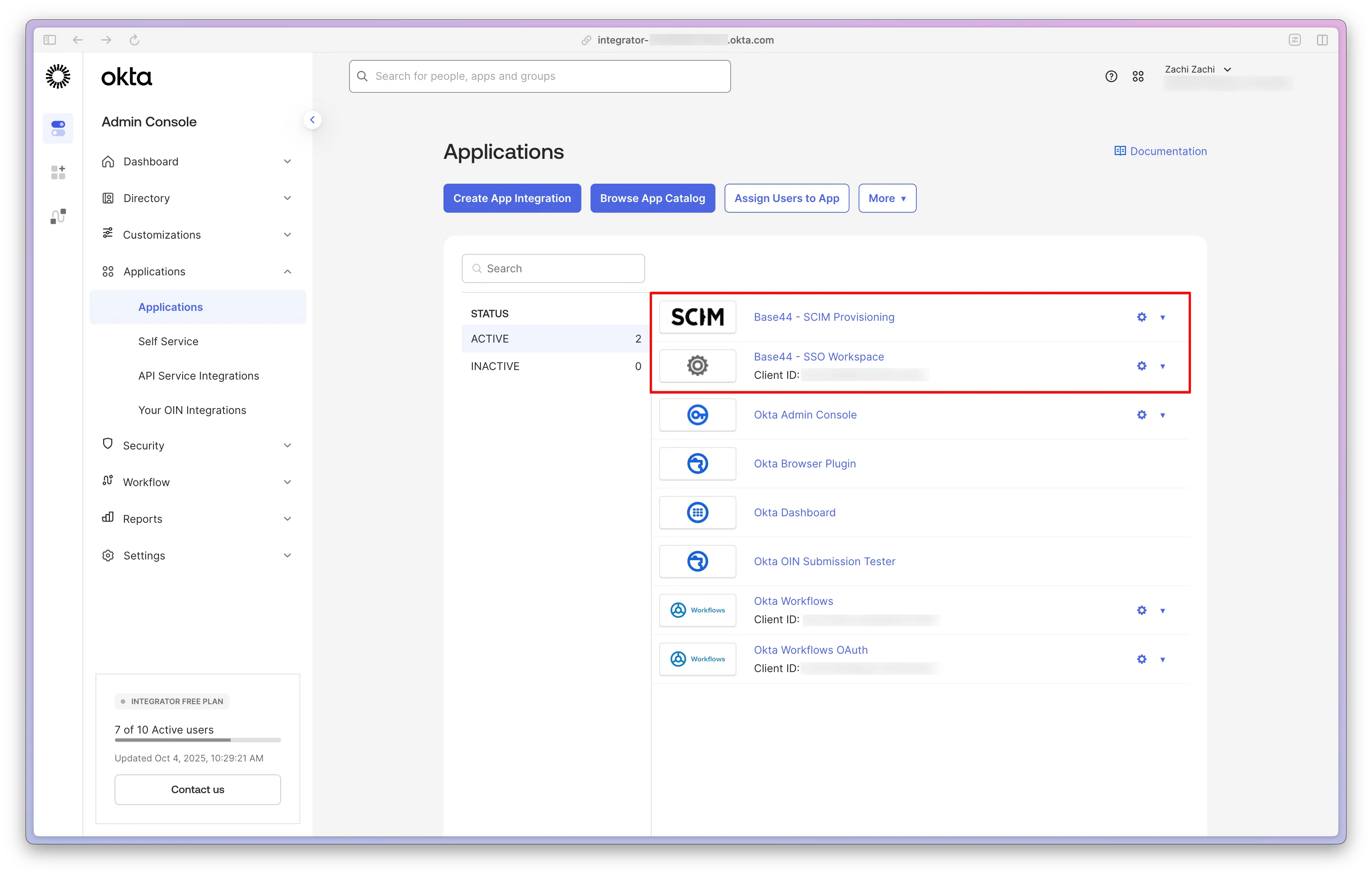 Okta App Catalog showing SCIM 2.0 Test App