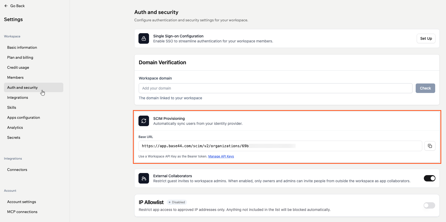 SCIM settings in Base44 workspace