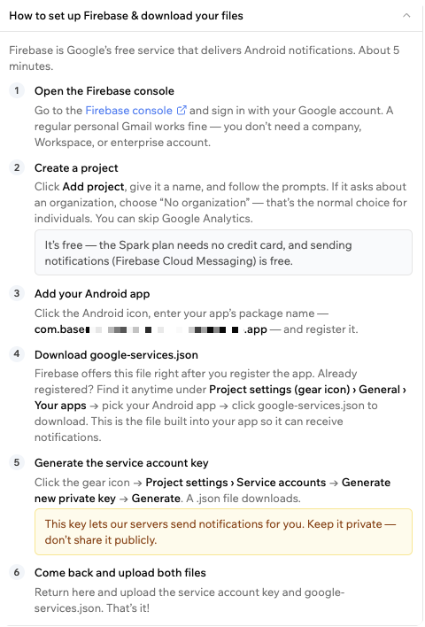 The How to set up Firebase and download your files guide expanded, showing six steps from opening the Firebase console through uploading both files