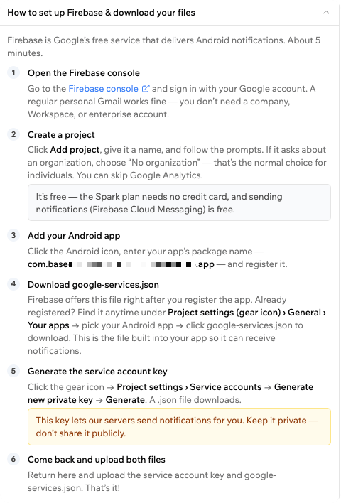 The How to set up Firebase and download your files guide expanded, showing six steps from opening the Firebase console through uploading both files