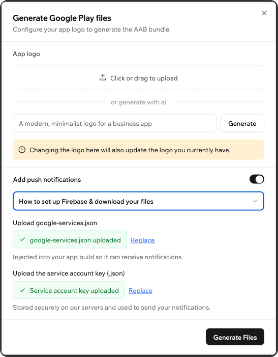 The Generate Google Play files window with Add push notifications turned on, showing google-services.json above the service account key