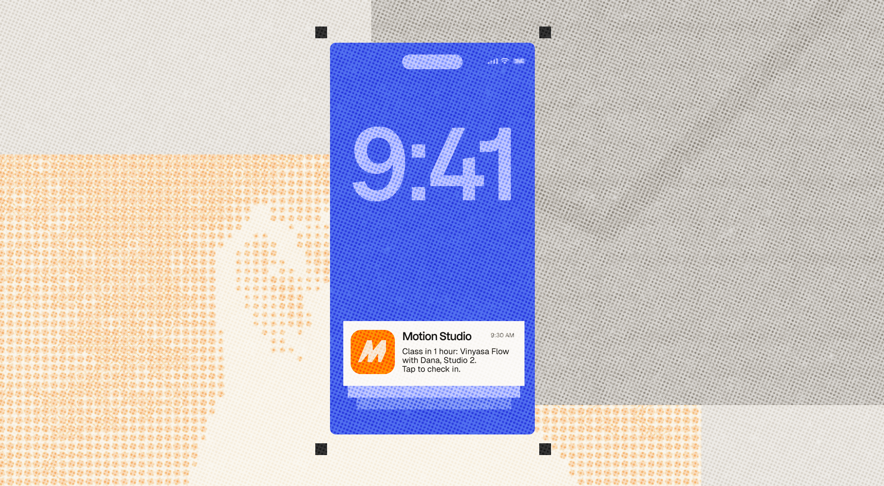A push notification on a phone lock screen, reading Class in 1 hour: Vinyasa Flow with Dana, Studio 2. Tap to check in.