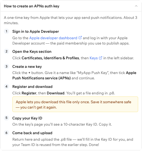 The How to create an APNs auth key guide expanded, showing six steps from signing in to Apple Developer through uploading the .p8 file