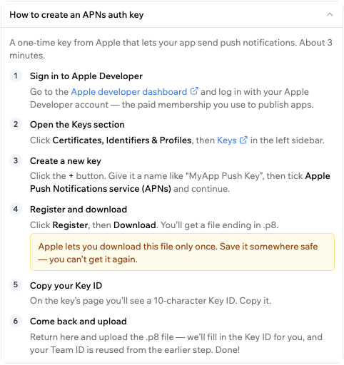 The How to create an APNs auth key guide expanded, showing six steps from signing in to Apple Developer through uploading the .p8 file