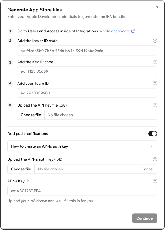 The Generate App Store files window with Add push notifications turned on, showing the APNs auth key upload and the APNs Key ID field