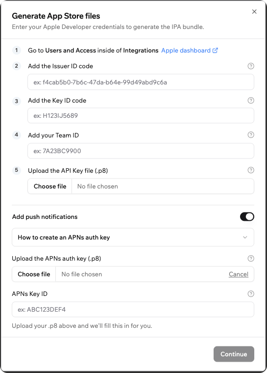 The Generate App Store files window with Add push notifications turned on, showing the APNs auth key upload and the APNs Key ID field