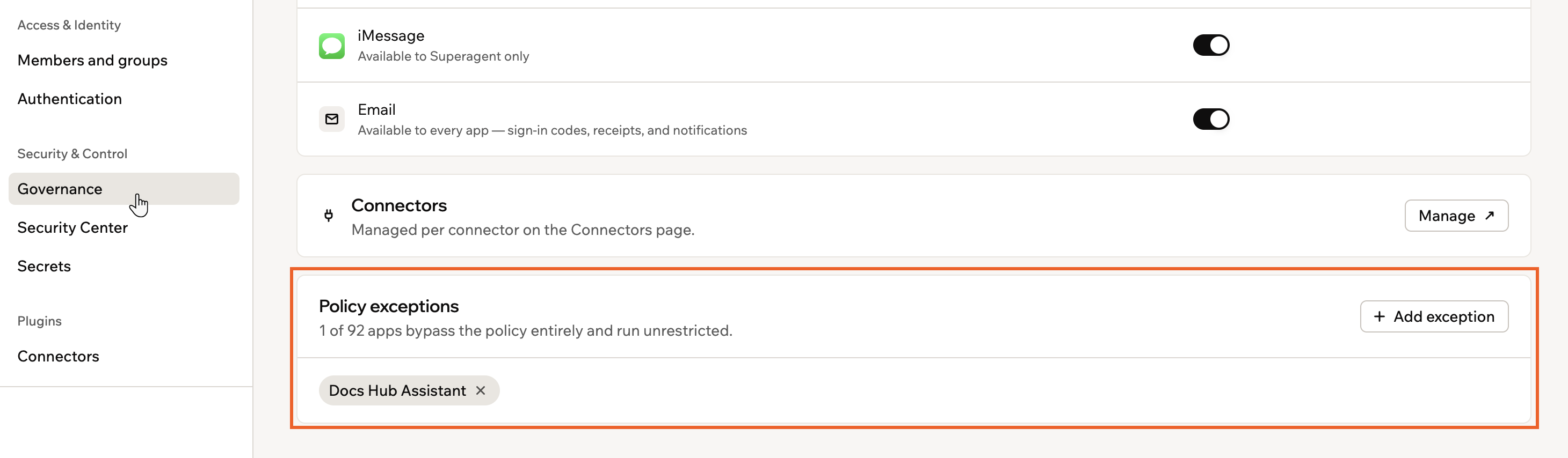 The Add an exception dialog, showing the app list and the optional reason field