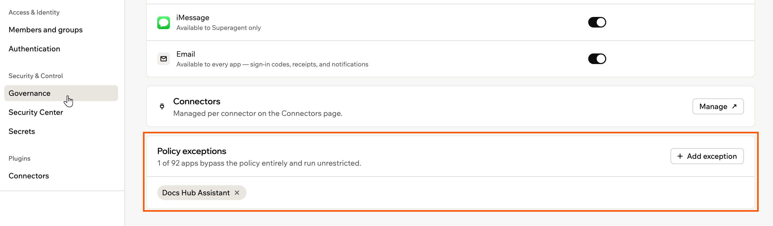 The Add an exception dialog, showing the app list and the optional reason field