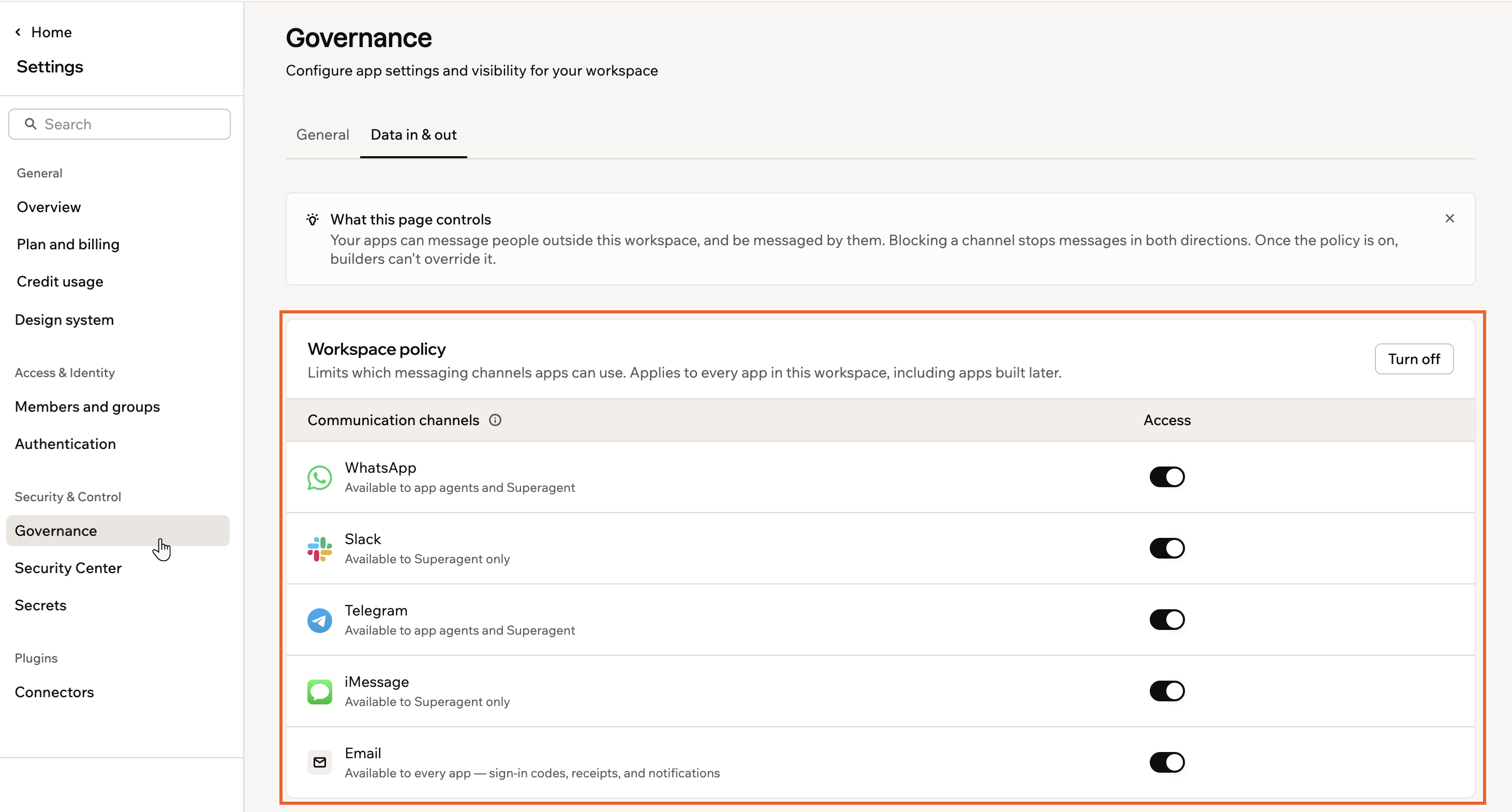 The workspace policy on the Data in and out tab, showing the communication channels table