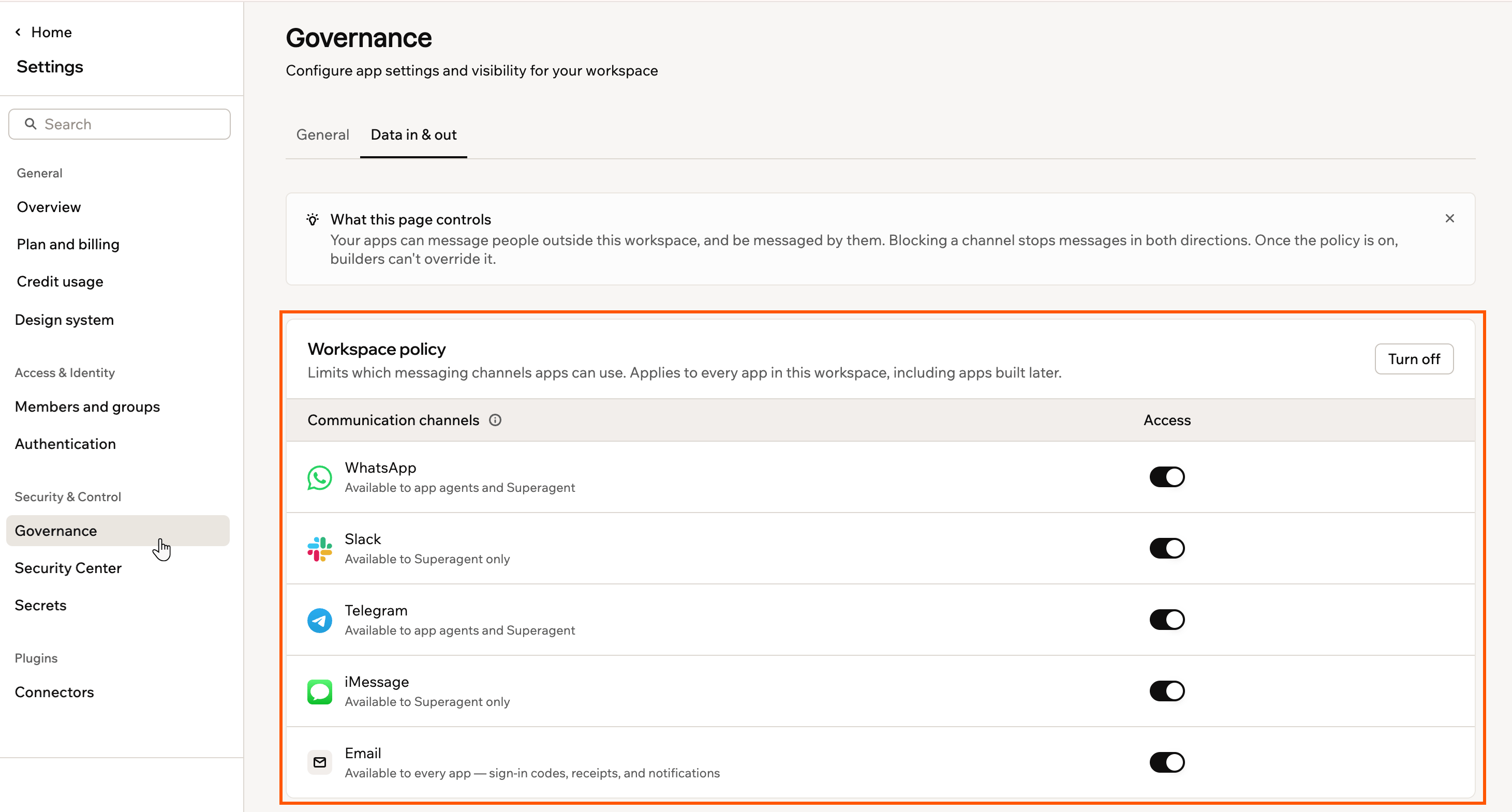 The workspace policy on the Data in and out tab, showing the communication channels table