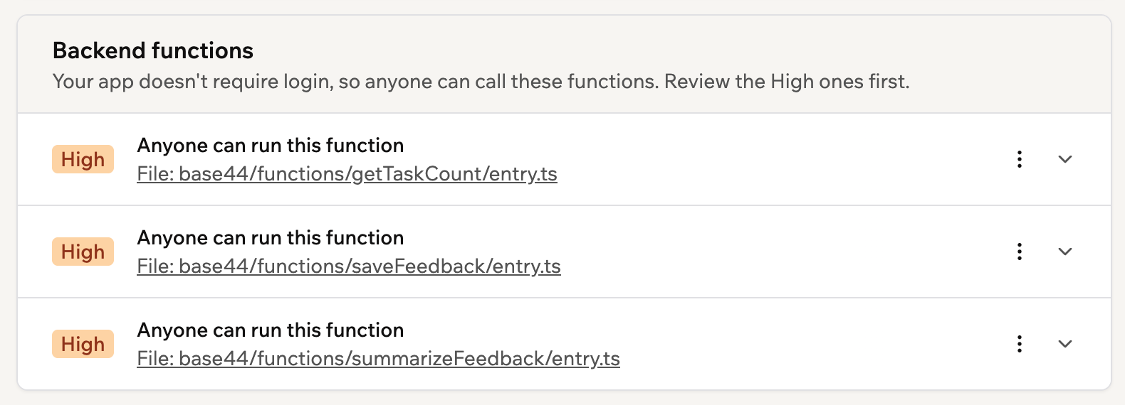 The Backend functions section of a security scan, listing 3 functions anyone can run, each marked High