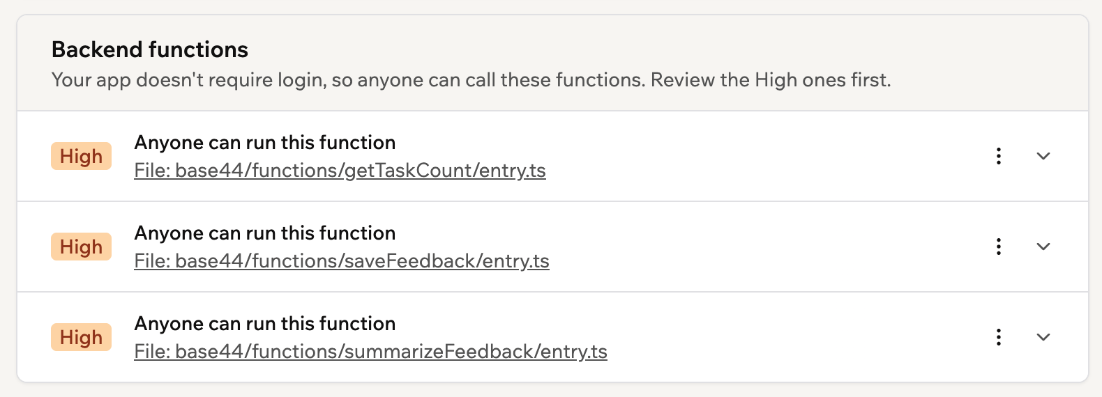 The Backend functions section of a security scan, listing 3 functions anyone can run, each marked High