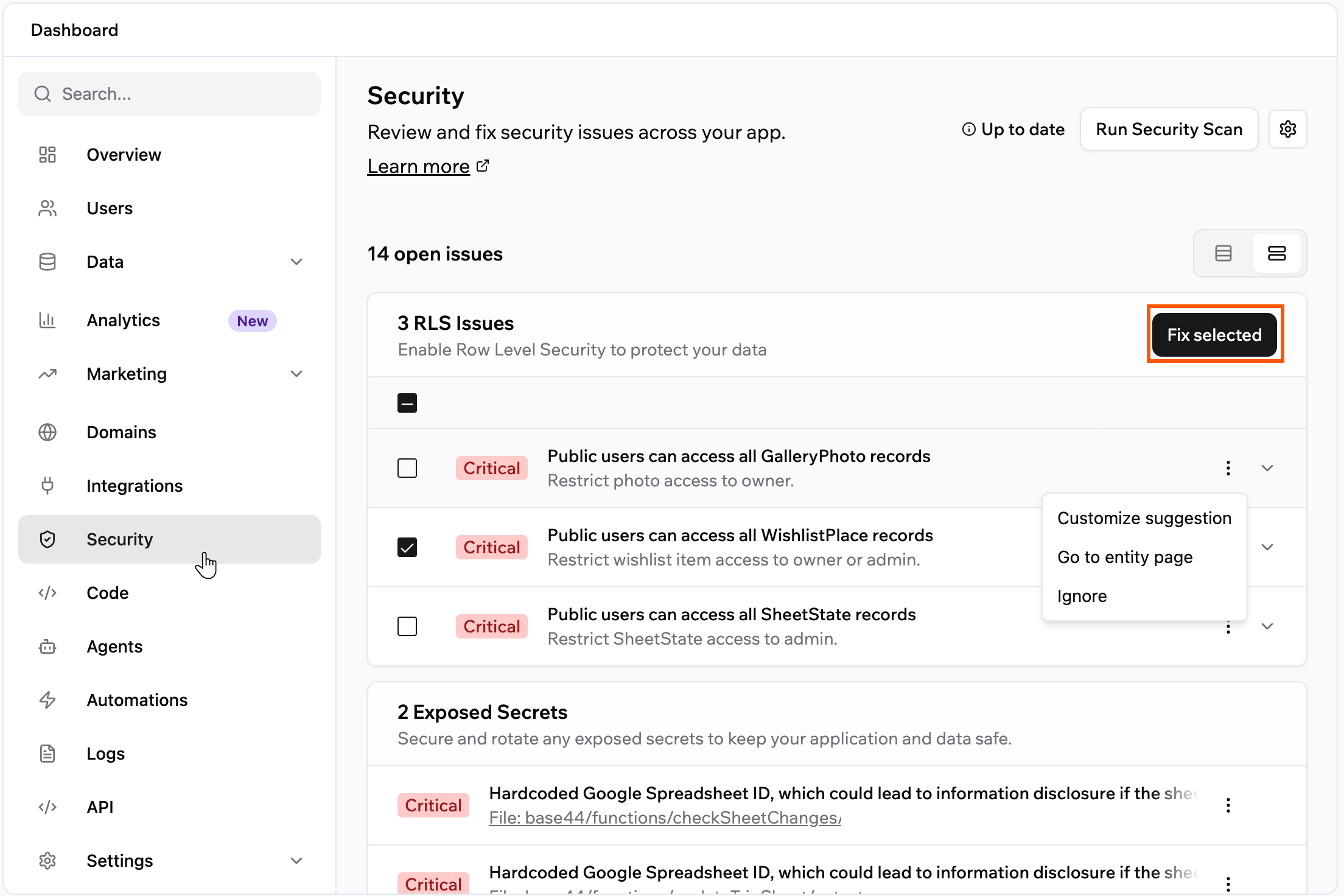 Reviewing and fixing security scan issues