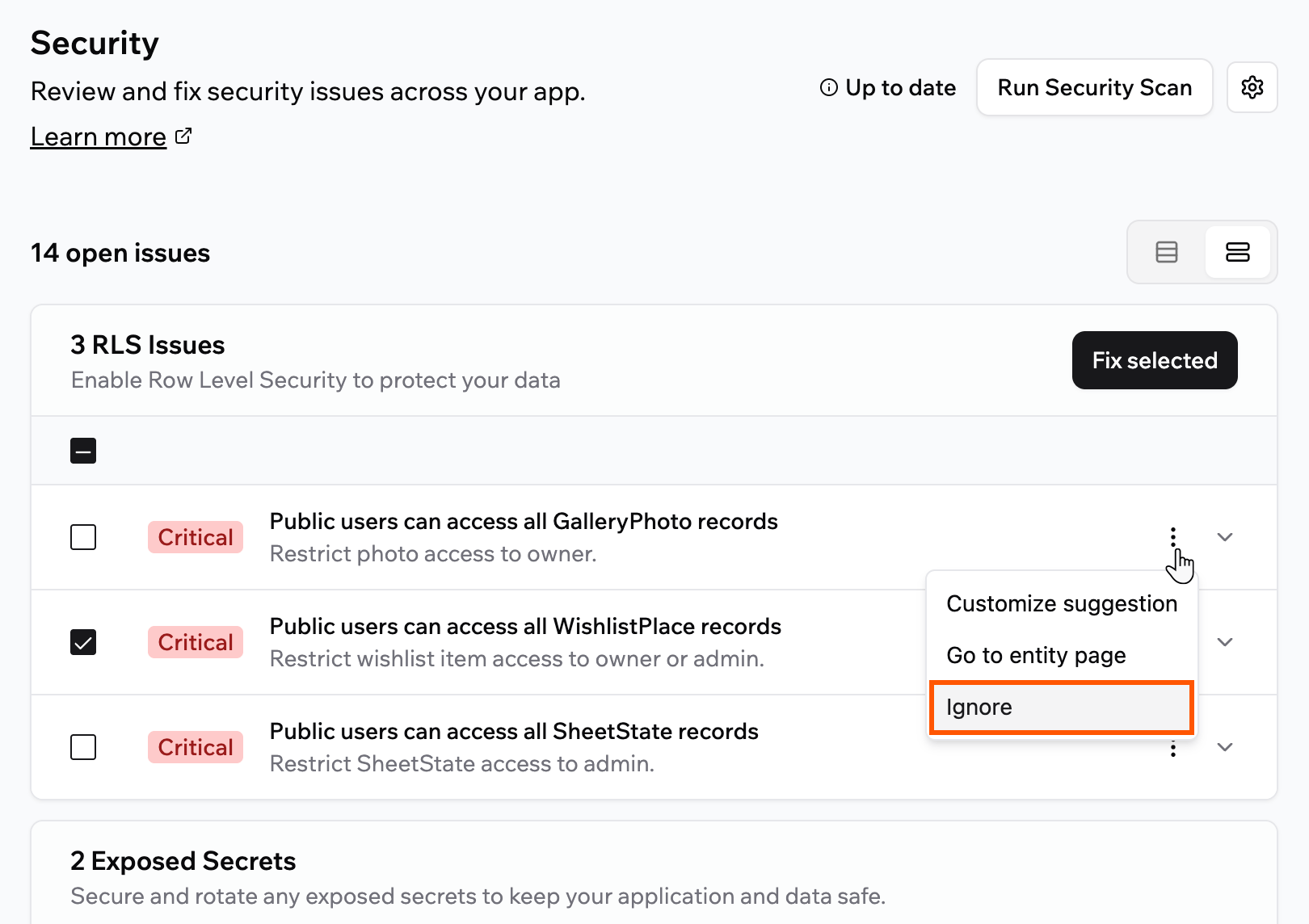 Ignoring a security scan issue from the More Actions menu