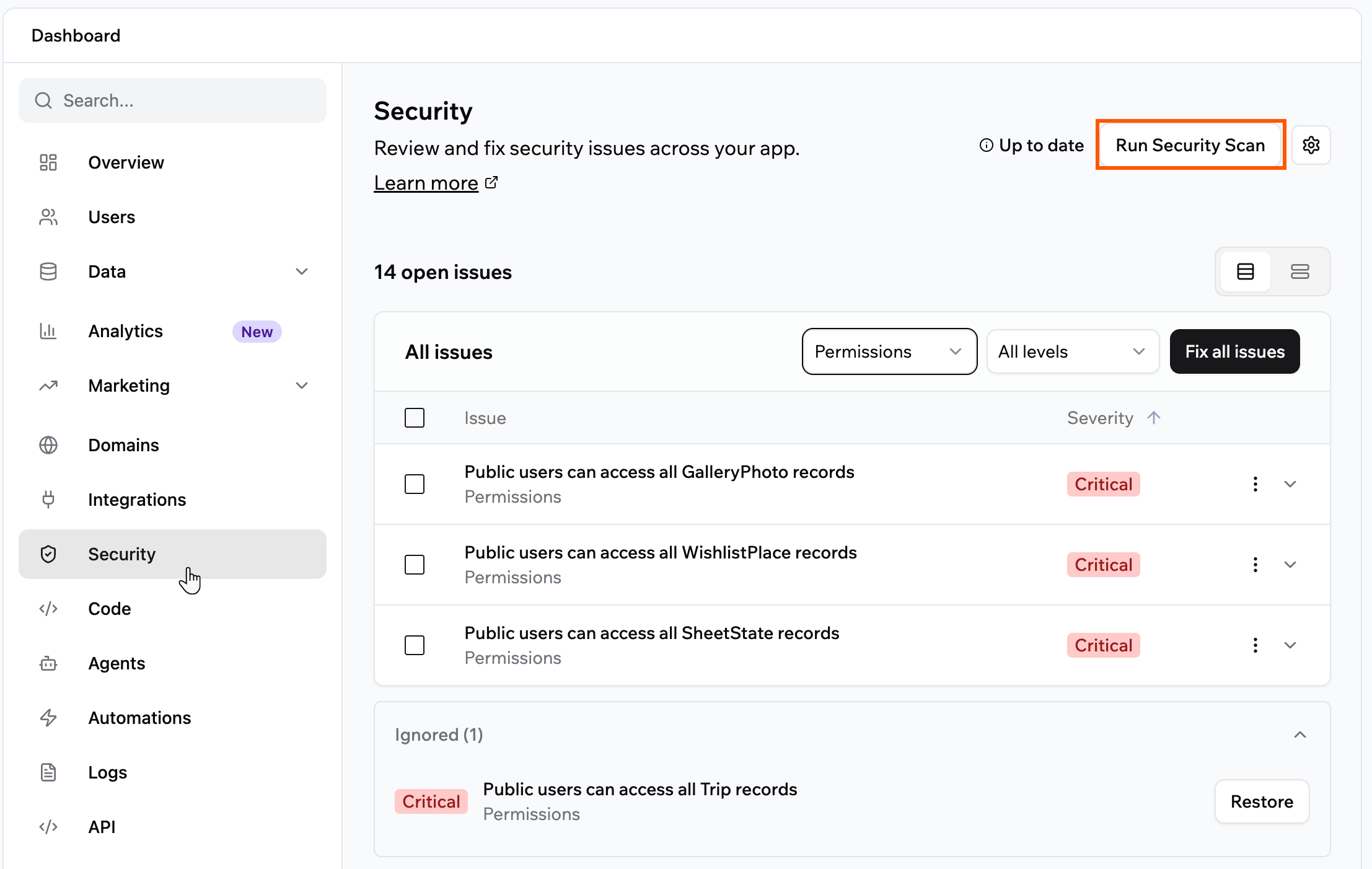 The Security page, where you run scans and review issues