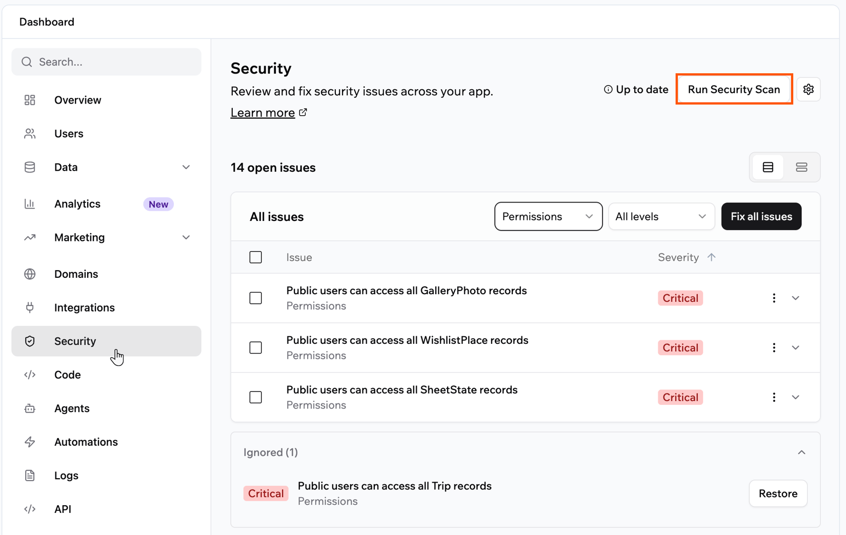 Click Security Running a security scan - Base44 Support Documentation