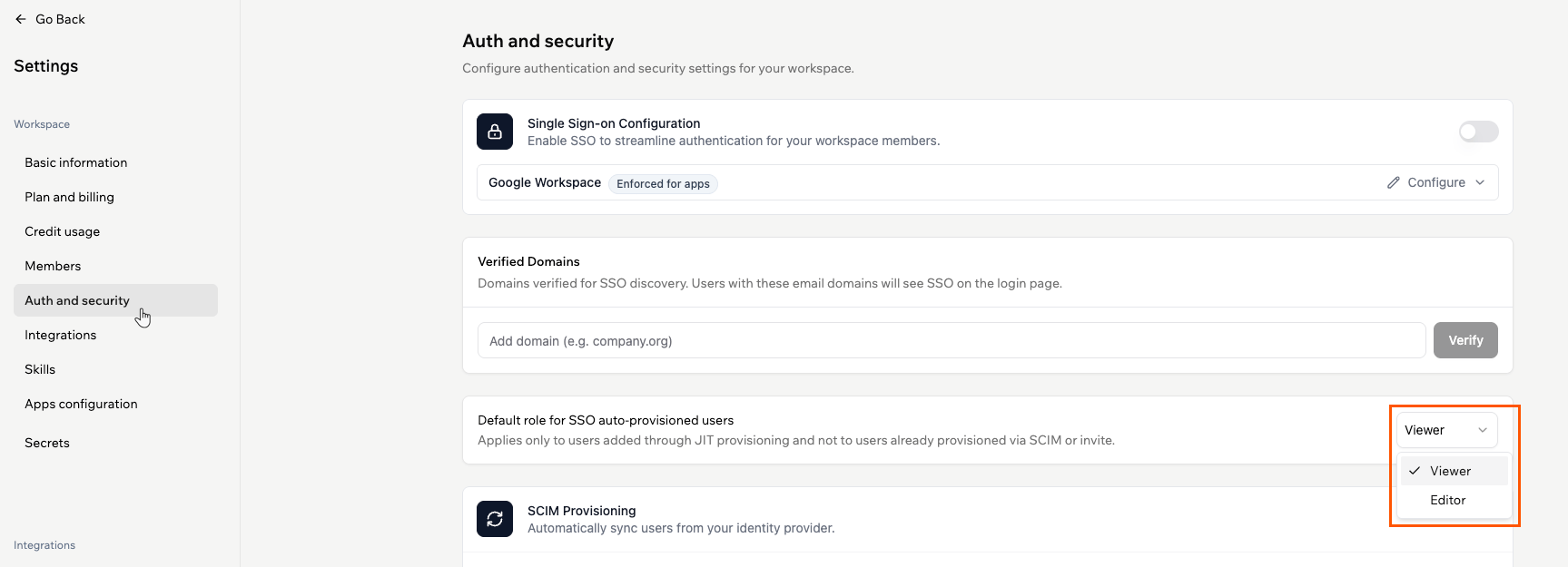 Verified domains and default role settings in Auth and security