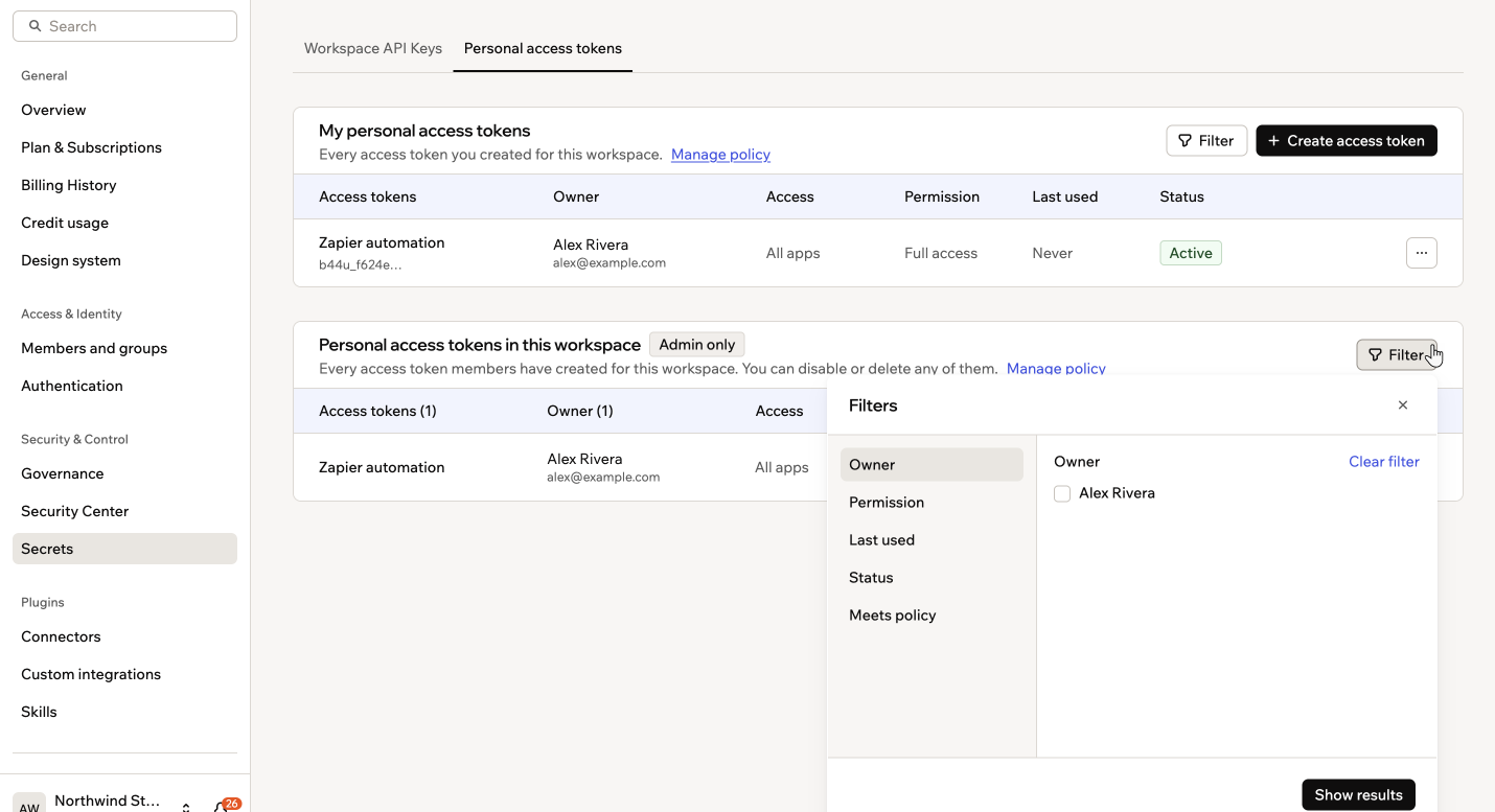 A screenshot of the admin token table's Filters panel, including the Meets policy filter