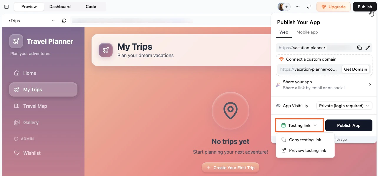 Copying a testing link to your app Copying a testing link to your app