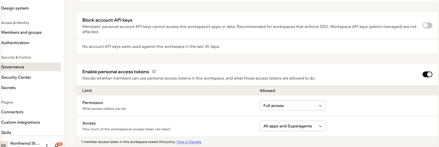 A screenshot of the Enable personal access tokens card on the Governance page, with its two limits