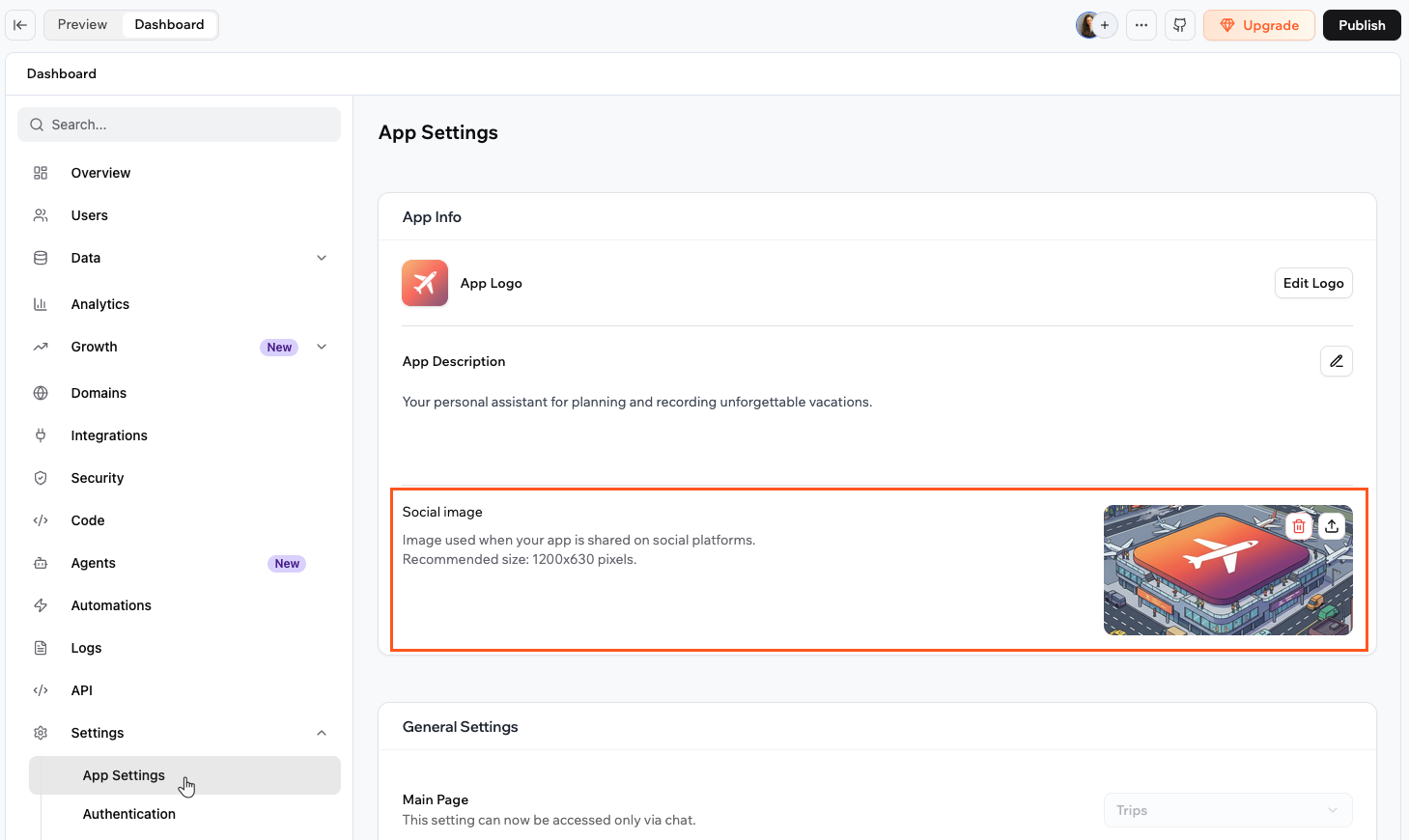 A social image preview when sharing an app link