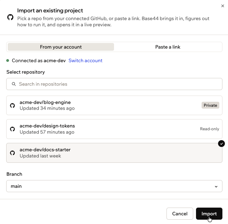 The Import an existing project dialog with a repository selected and the Branch drop-down set to main