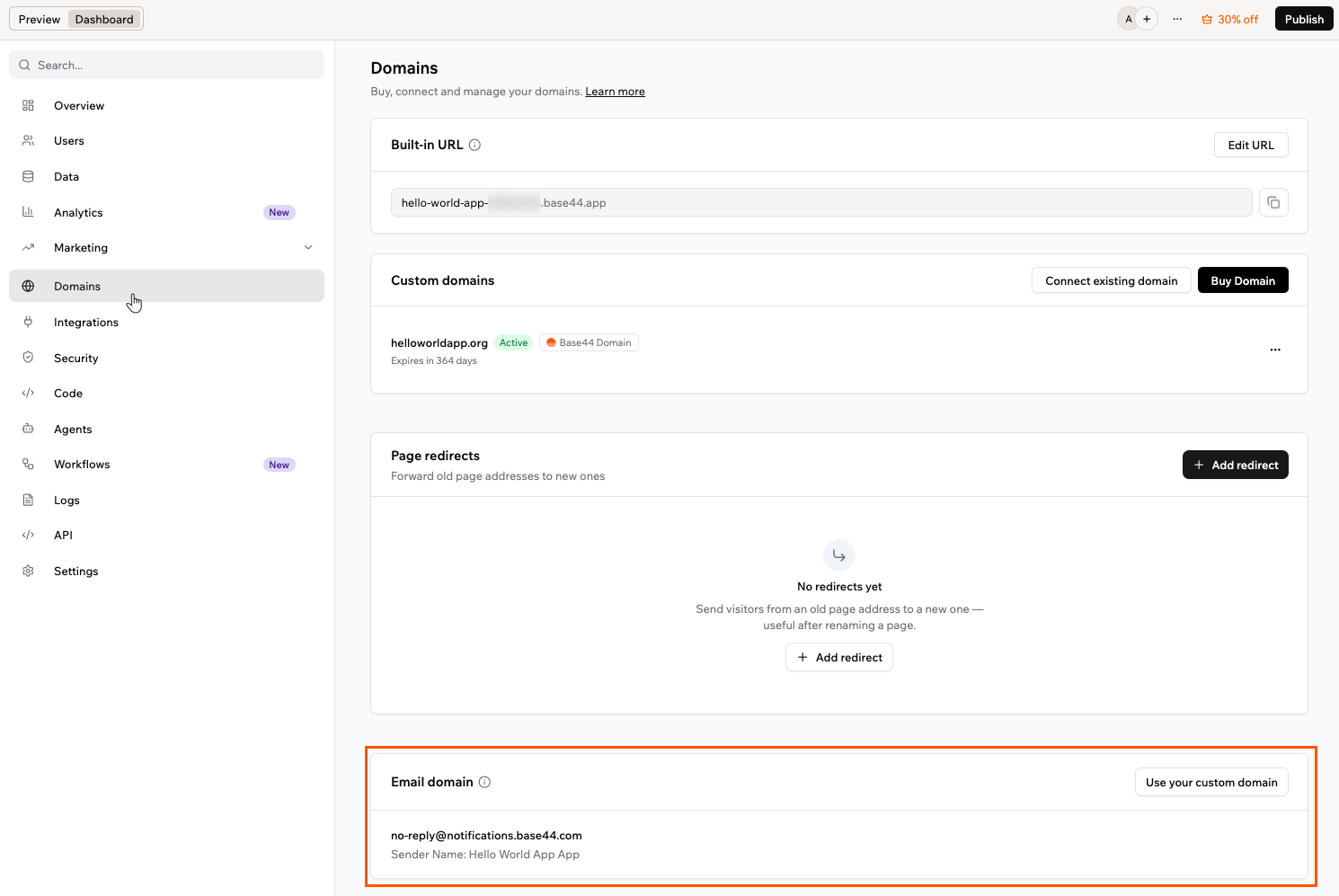 The Email domain section on your app's Domains page