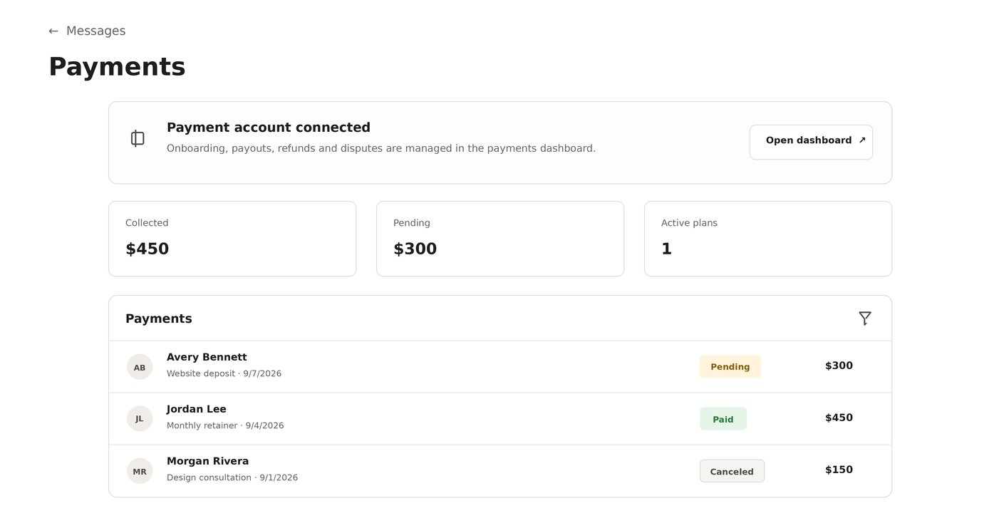 The Payments tab showing the connected payment account, totals for collected, pending, and active plans, and a list of client payments with their statuses