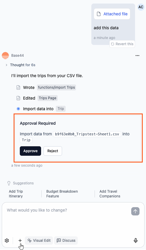 Approving import of data in the AI chat Approving import of data in the AI chat