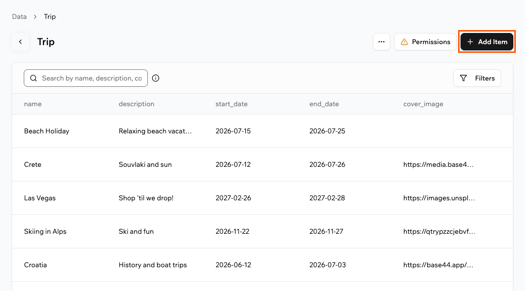 Adding a record to a table on the Data page