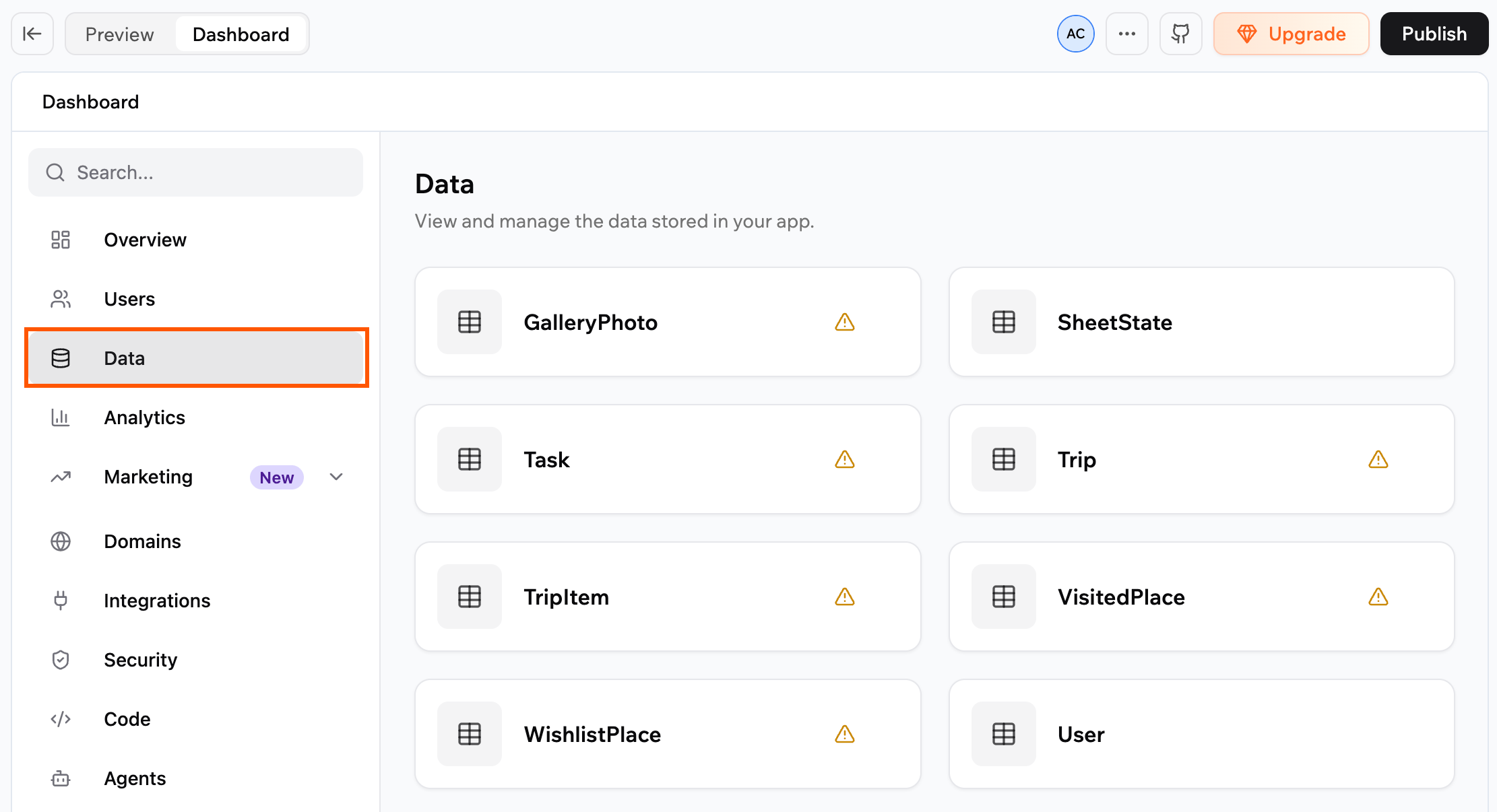 The Data page, with a card for each table in your app