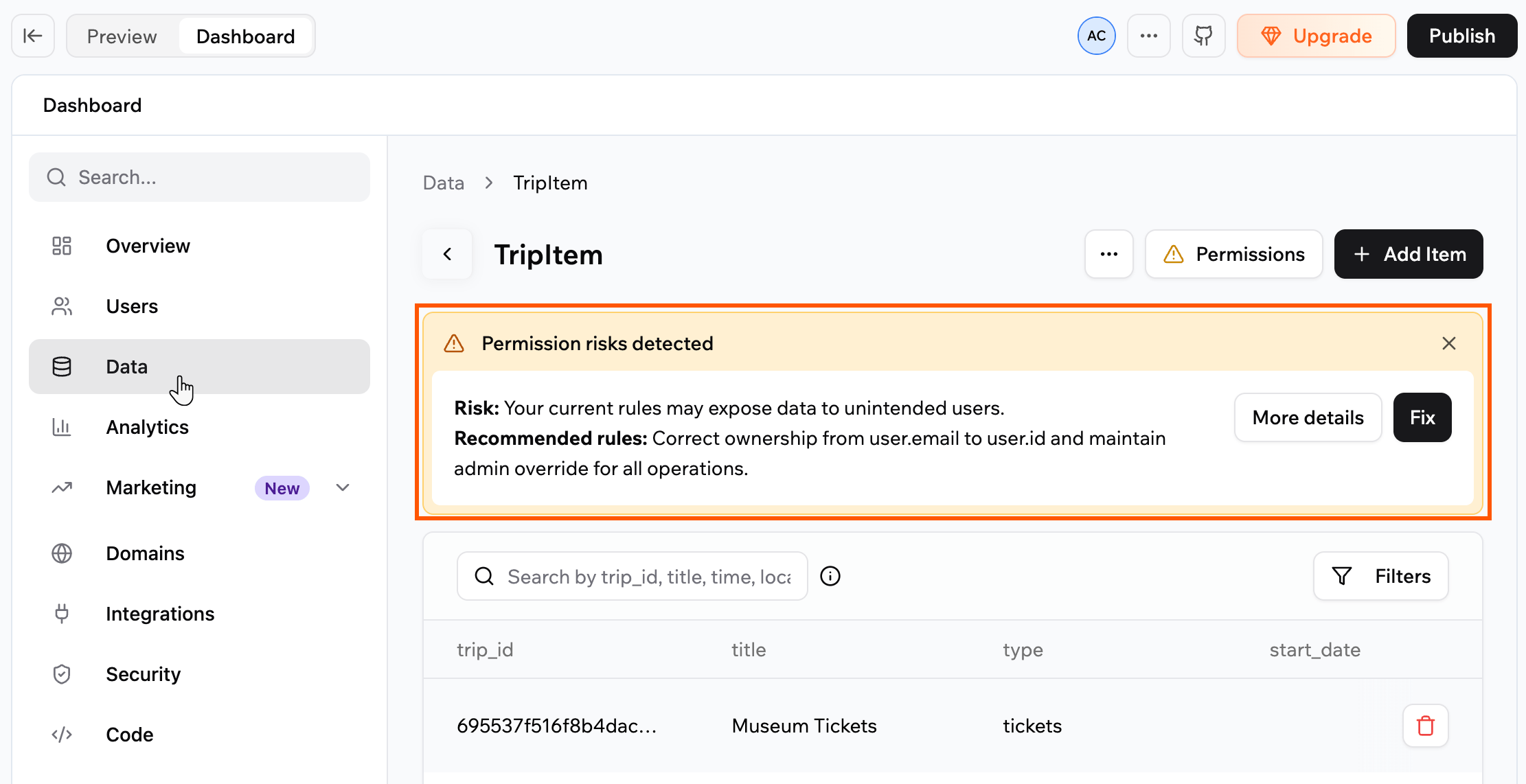 A permission risk detected on a table, with a one-click fix