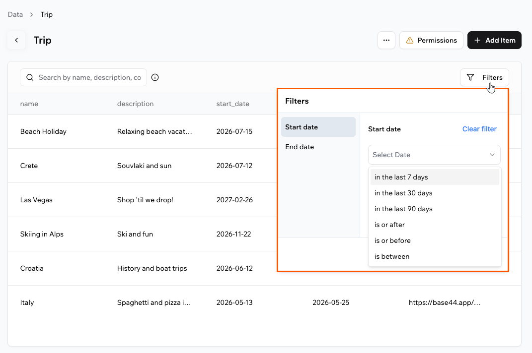 Filtering a table on the Data page