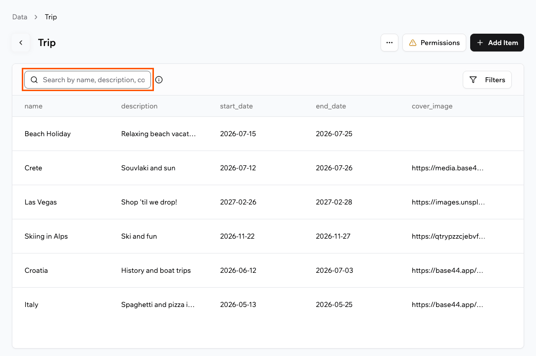 Searching a table with the search bar on the Data page