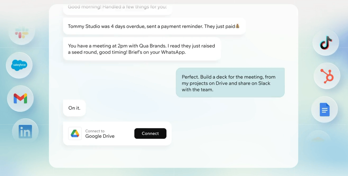 Superagent chat showing a task that uses connected tools like Google Drive, Gmail, and Slack.
