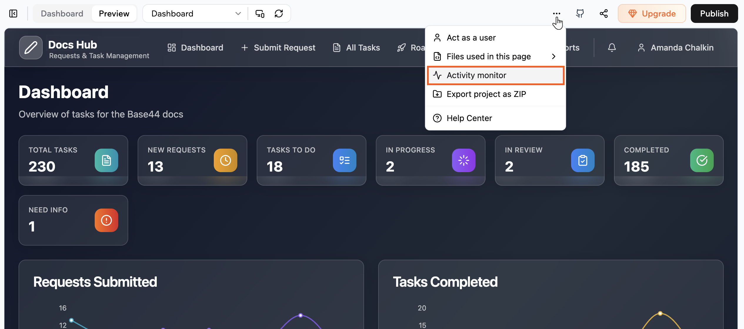 Accessing the activity monitor in your app editor