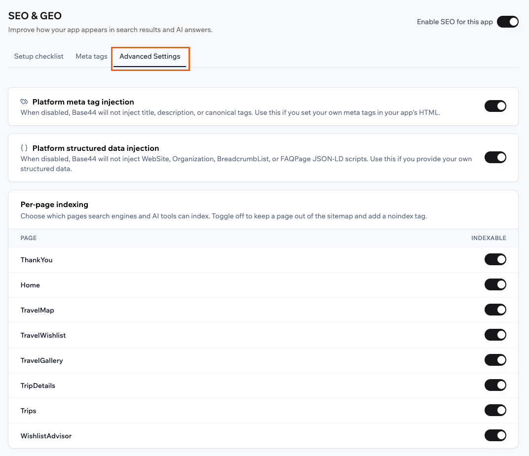Advanced settings for SEO and GEO
