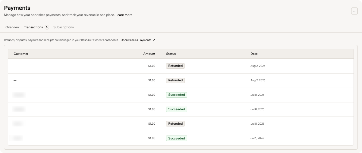 The Transactions tab showing payments with customer, amount, status, and date columns.