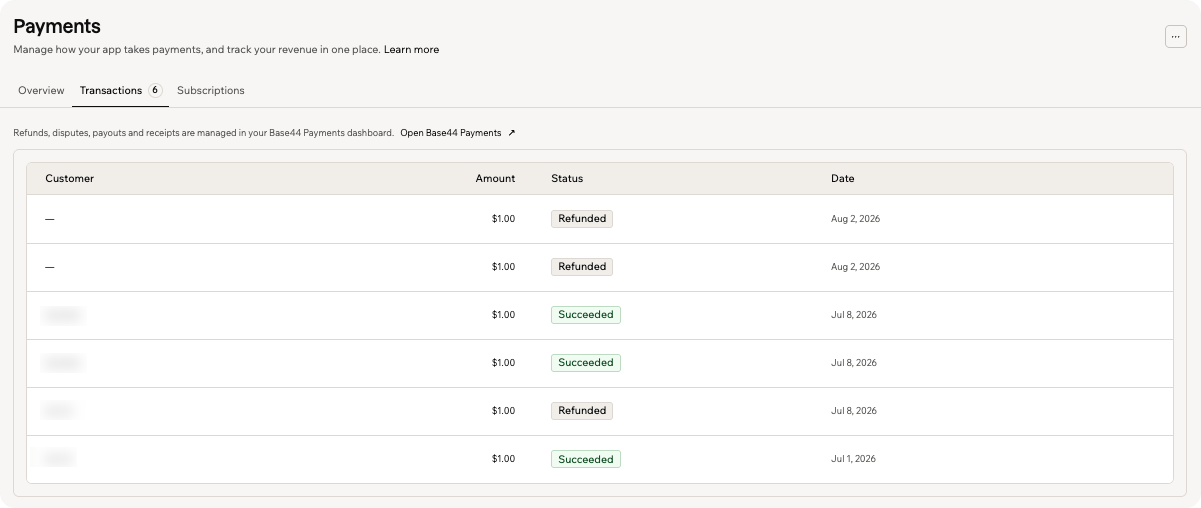 The Transactions tab showing payments with customer, amount, status, and date columns.