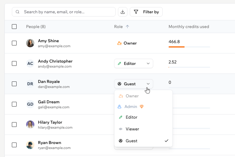 Changing a member's role from the Role dropdown