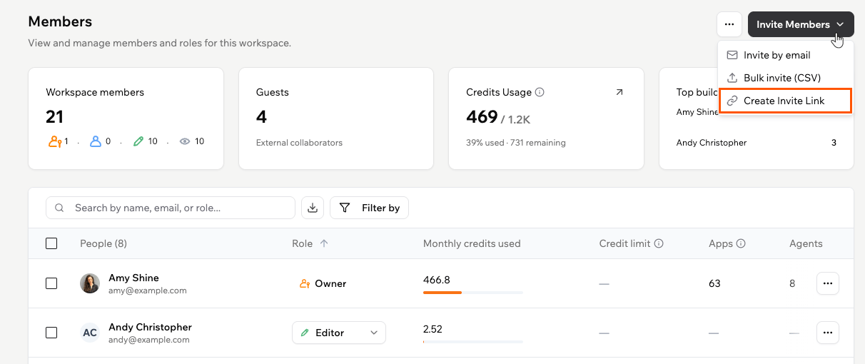 Creating a workspace invite link