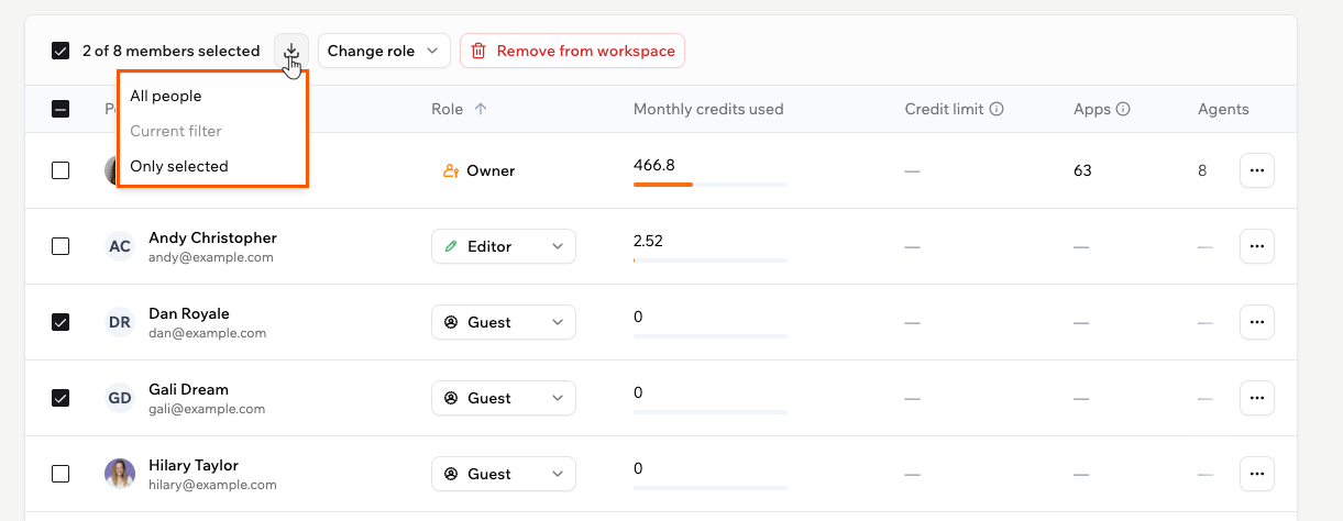 Exporting members with the download menu