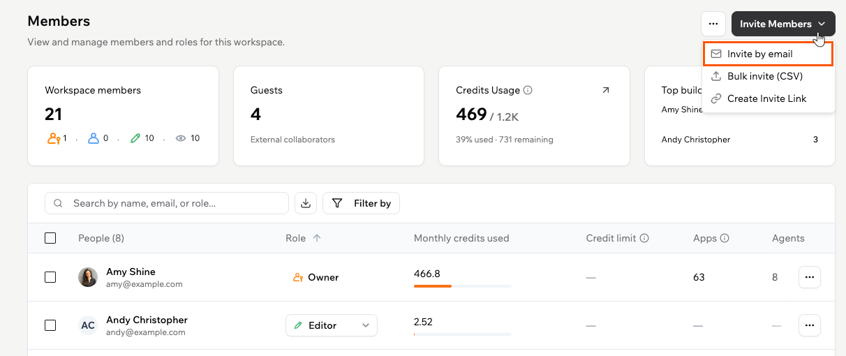 Inviting a workspace member by email